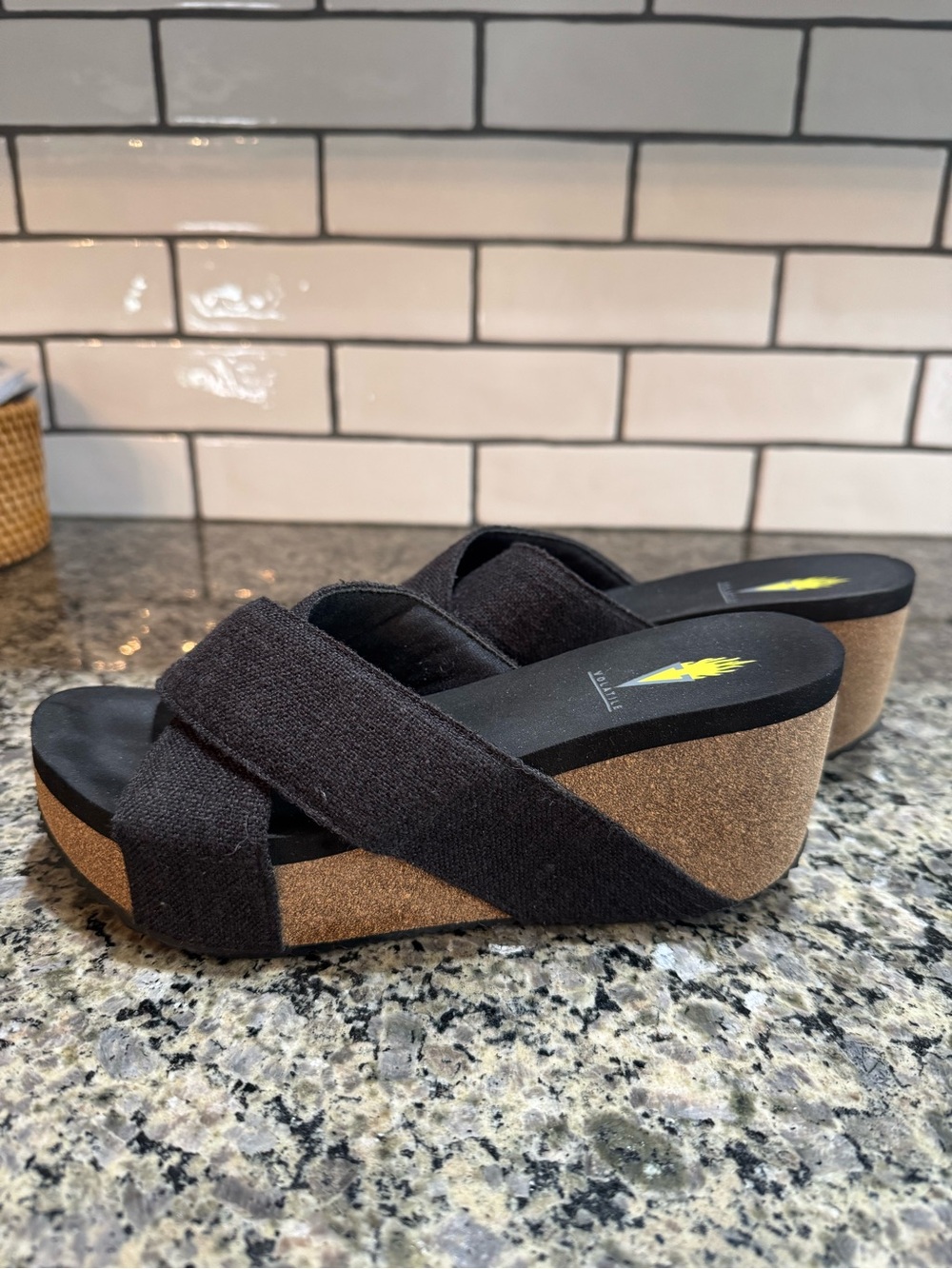 Volatile Black Fabric Cork Wedge Slide Sandals - Picture 4 of 5